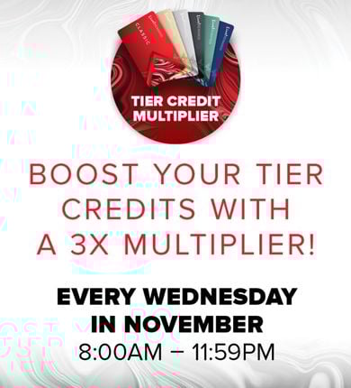 November Tier Credit Multiplier. Live! Rewards cards fanned out on a red circle with a white, swirly background.