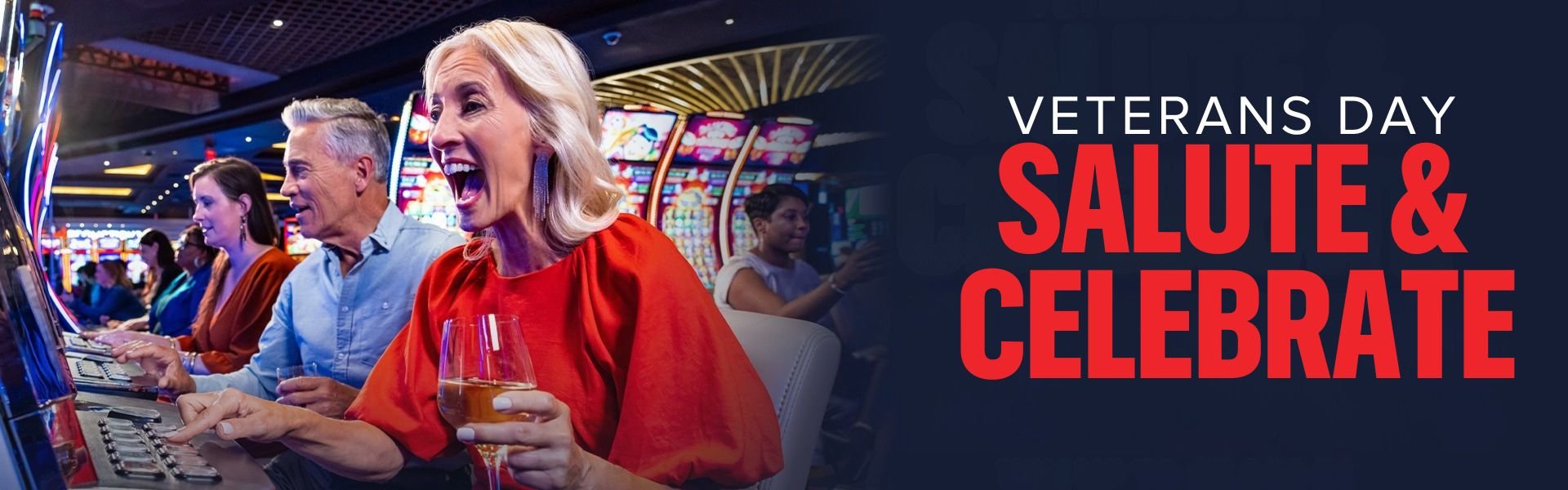 Veterans Day Salute and Celebrate. 3 people sitting at a slot machine inside of a casino that show excitement to be there.