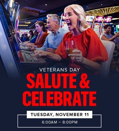 Veterans Day Salute and Celebrate. 3 people sitting at a slot machine inside of a casino that show excitement to be there.
