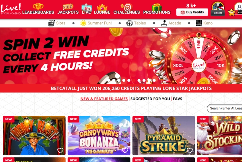 Screenshot of the homepage of Live! Social Casino online