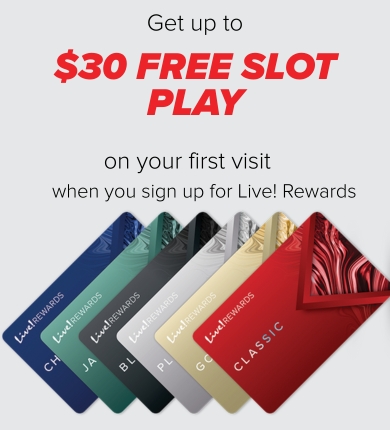 Image of a fan of Live! Rewards player cards with a $30 Enrollment Bonus offer