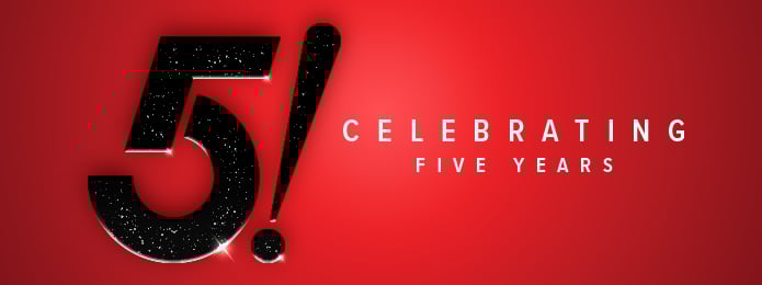 5 year anniversary logo on a red background