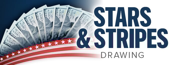 stars and stripes drawing text on a blue and red background with a display of cash