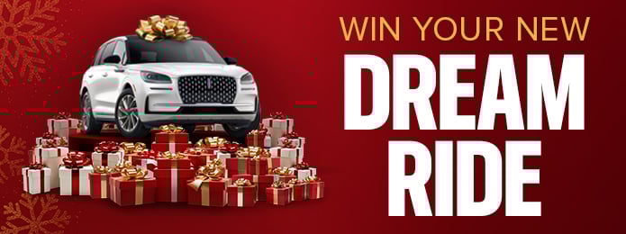 red background with presents and a white lincoln car in the corner