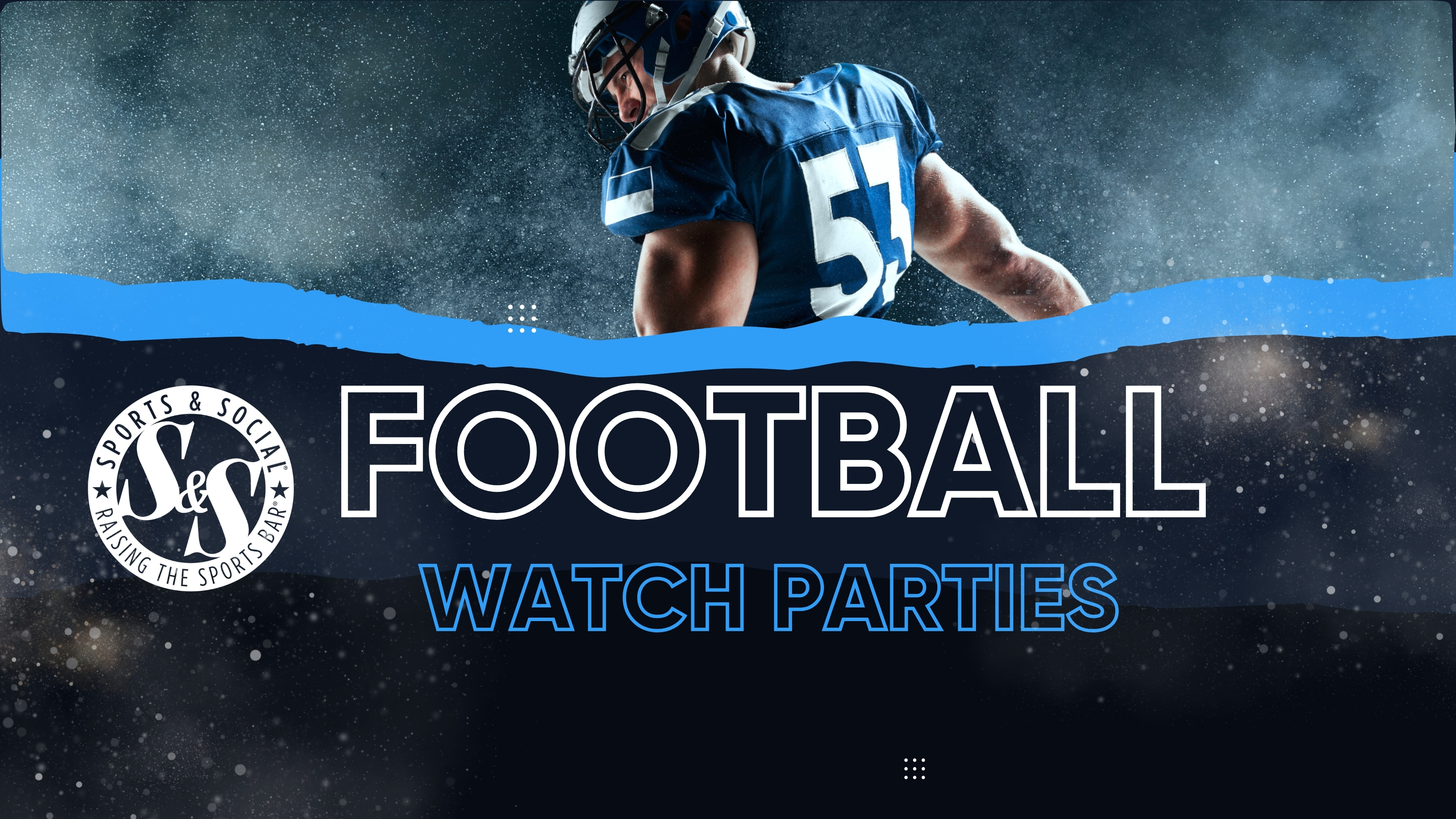 Fans watching football on giant LED screens at Sports & Social Orlando with text promoting weekly NFL and college football watch parties through February 8, 2026