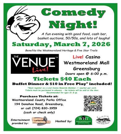 white flyer with green border listing details for upcoming comedy night event  in the venue live