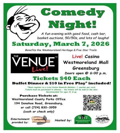 white flyer with green border listing details for upcoming comedy night event in the venue live