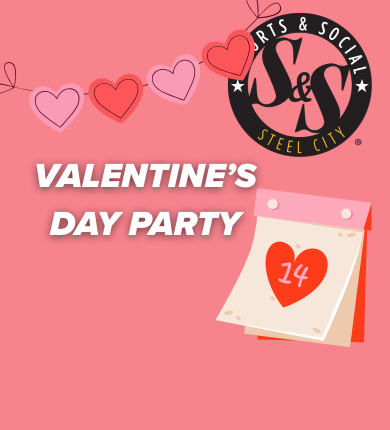 pink background with sports&social logo, valentines day text and imagery