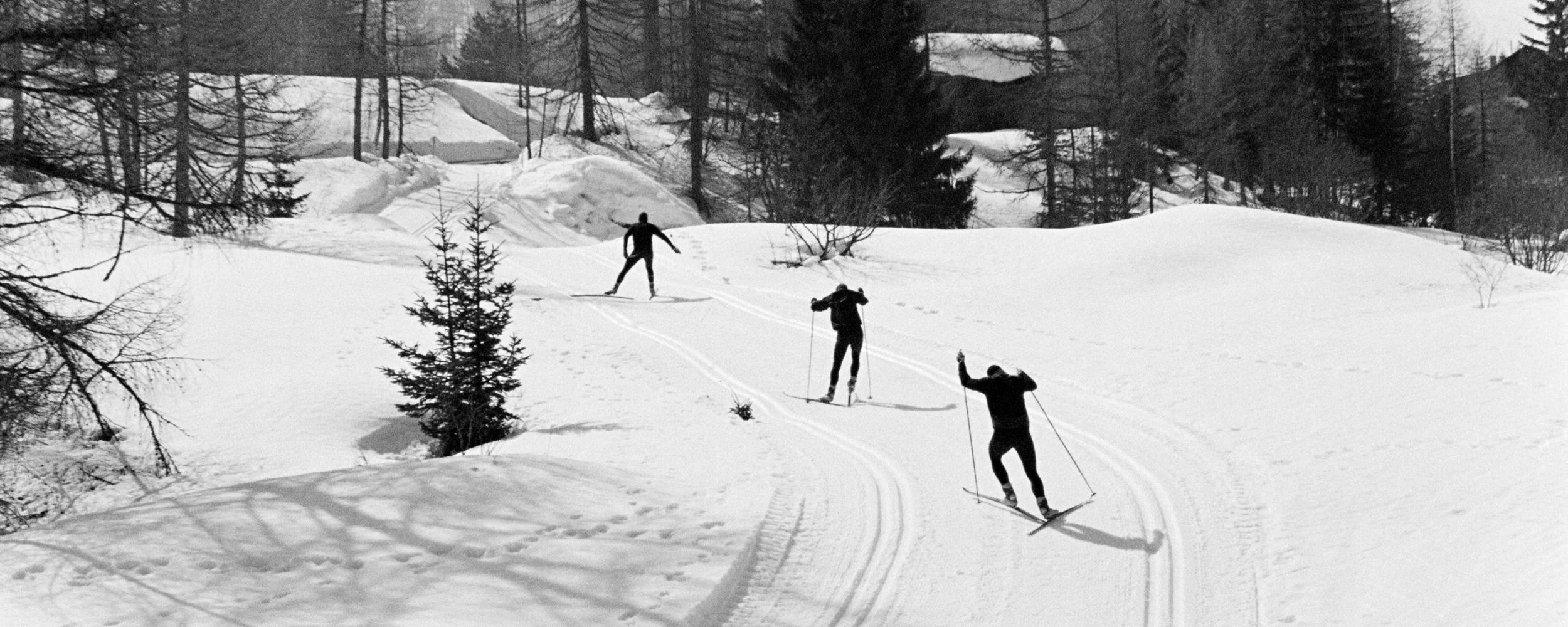 three long distance skiers going cross country