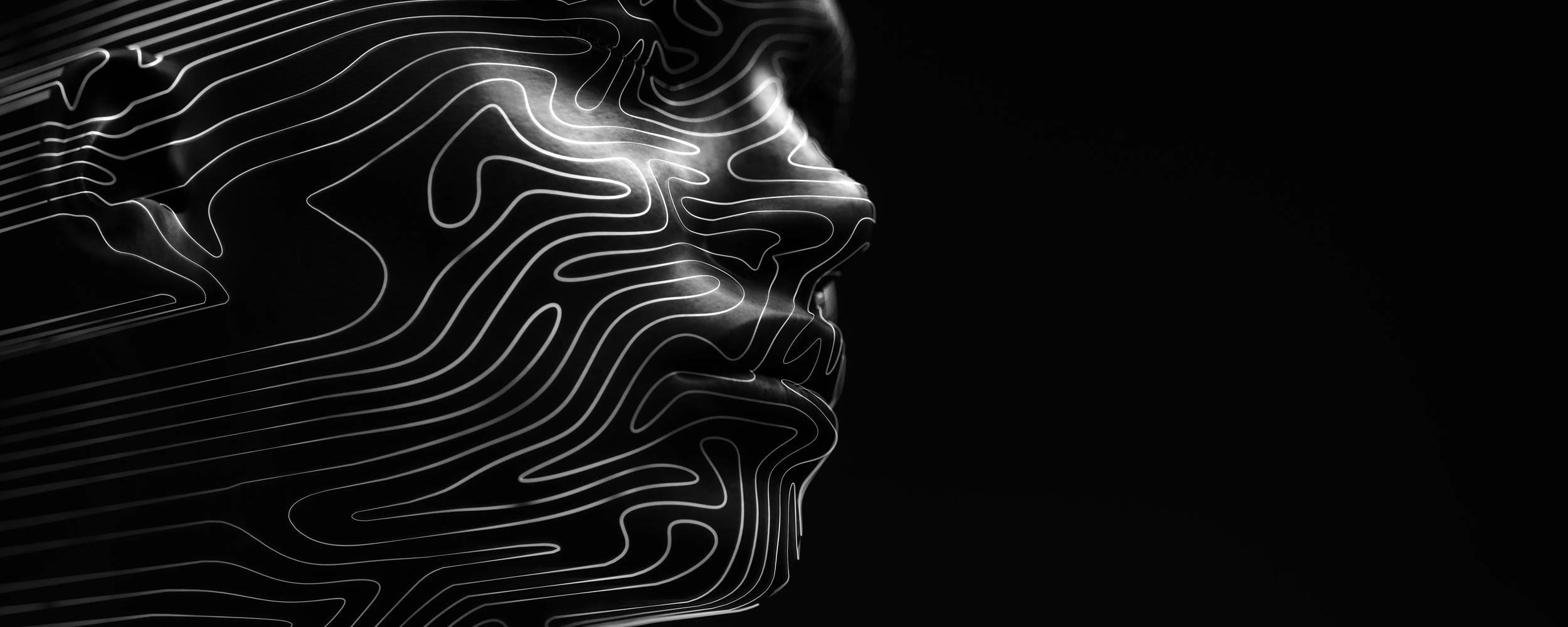 Close up of a digital generated human head with contour lines