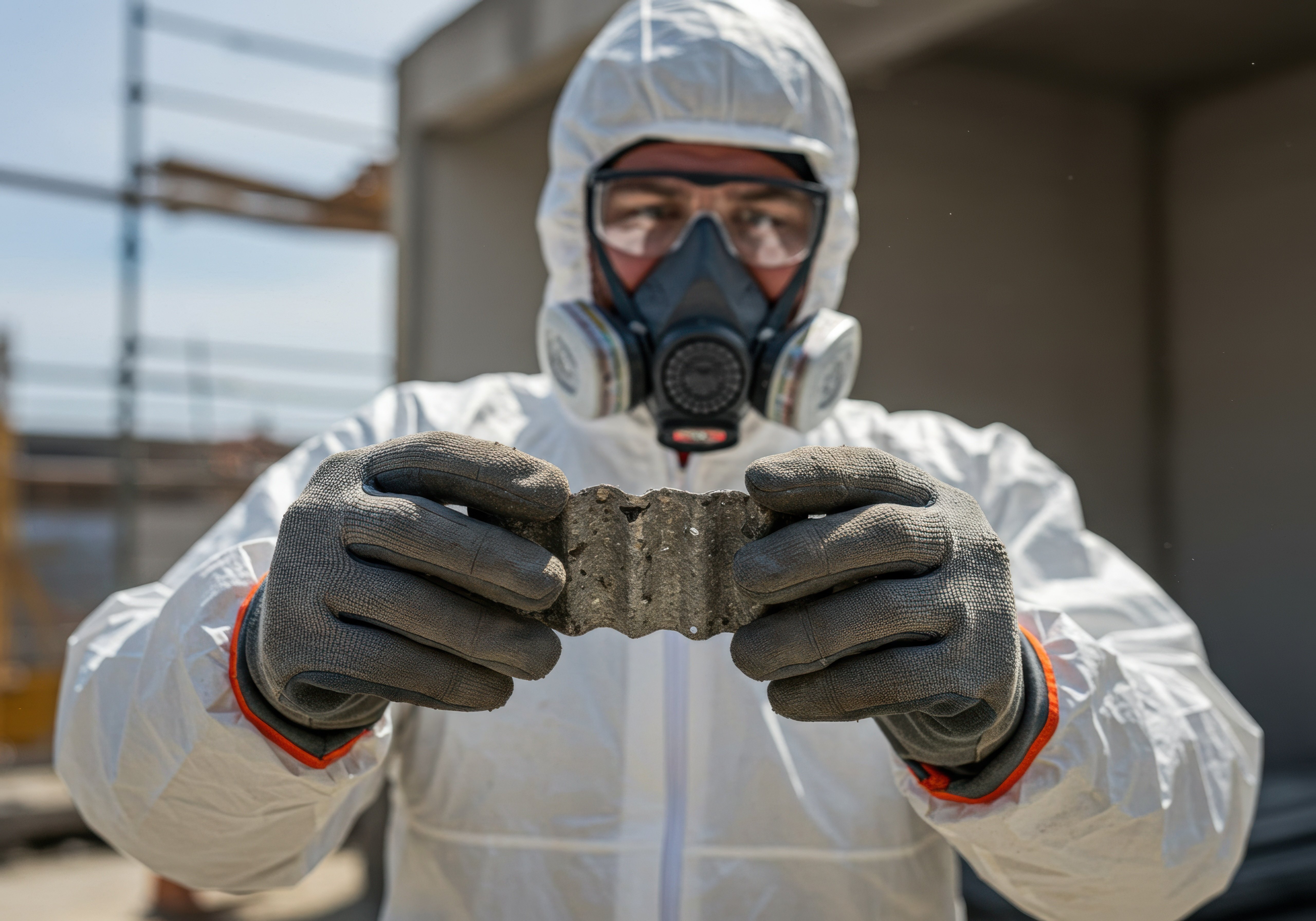 Safety expert inspecting asbestos sample in protective gear at construction site