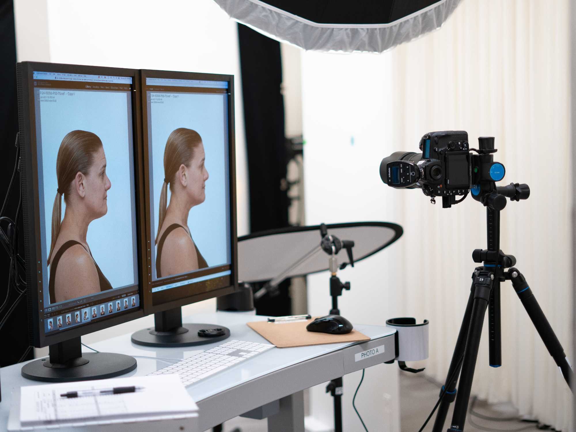 View of screen with photos of clinical testing panelists
