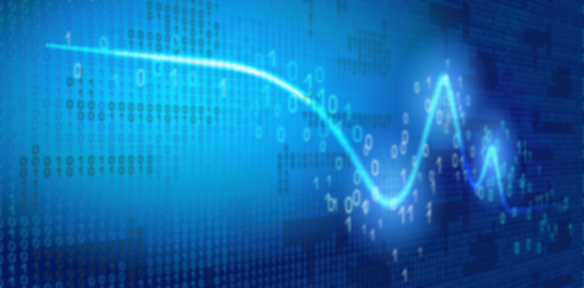 A bright blue digital pattern with a glowing white line charting a complex curve.