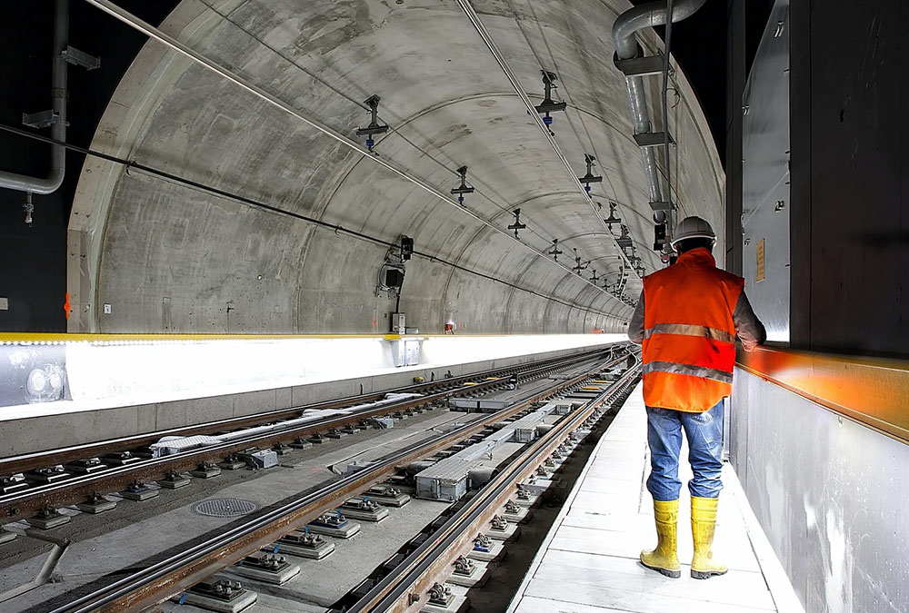A worker in a safety vest stands on a finished platform next to a new rail line in a tunnel.