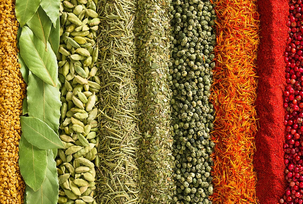 This image shows an array of different spices and herbs.