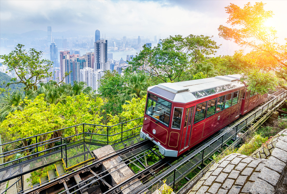 A red tram climbs a mountainside towards a view of a cityscape, with lush greenery growing on either side.