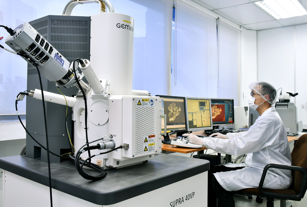 A scientist is conducting research using a scanning electron microscope.