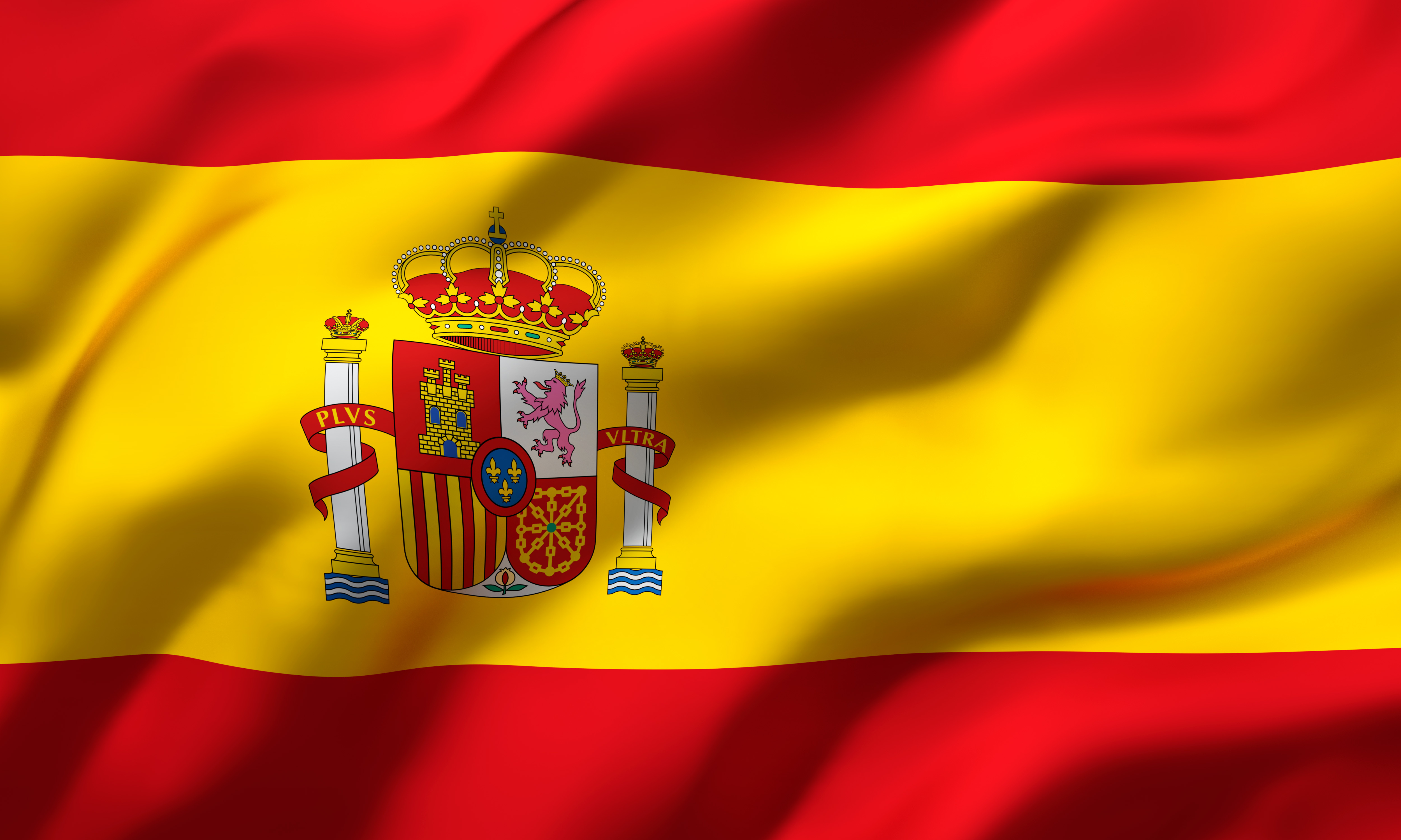 The image shows the flag of Spain, a red and yellow flag with a coat of arms in the center.