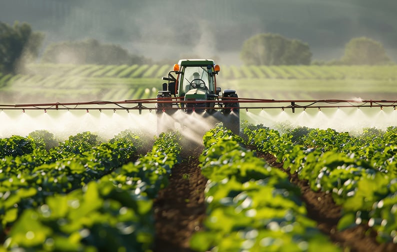 Análises de Glifosato e 2,4-D Trator pulverizando culturas verdes num campo agrícola ao pôr do sol, com luz dourada iluminando as plantas e o céu parcialmente limpo.