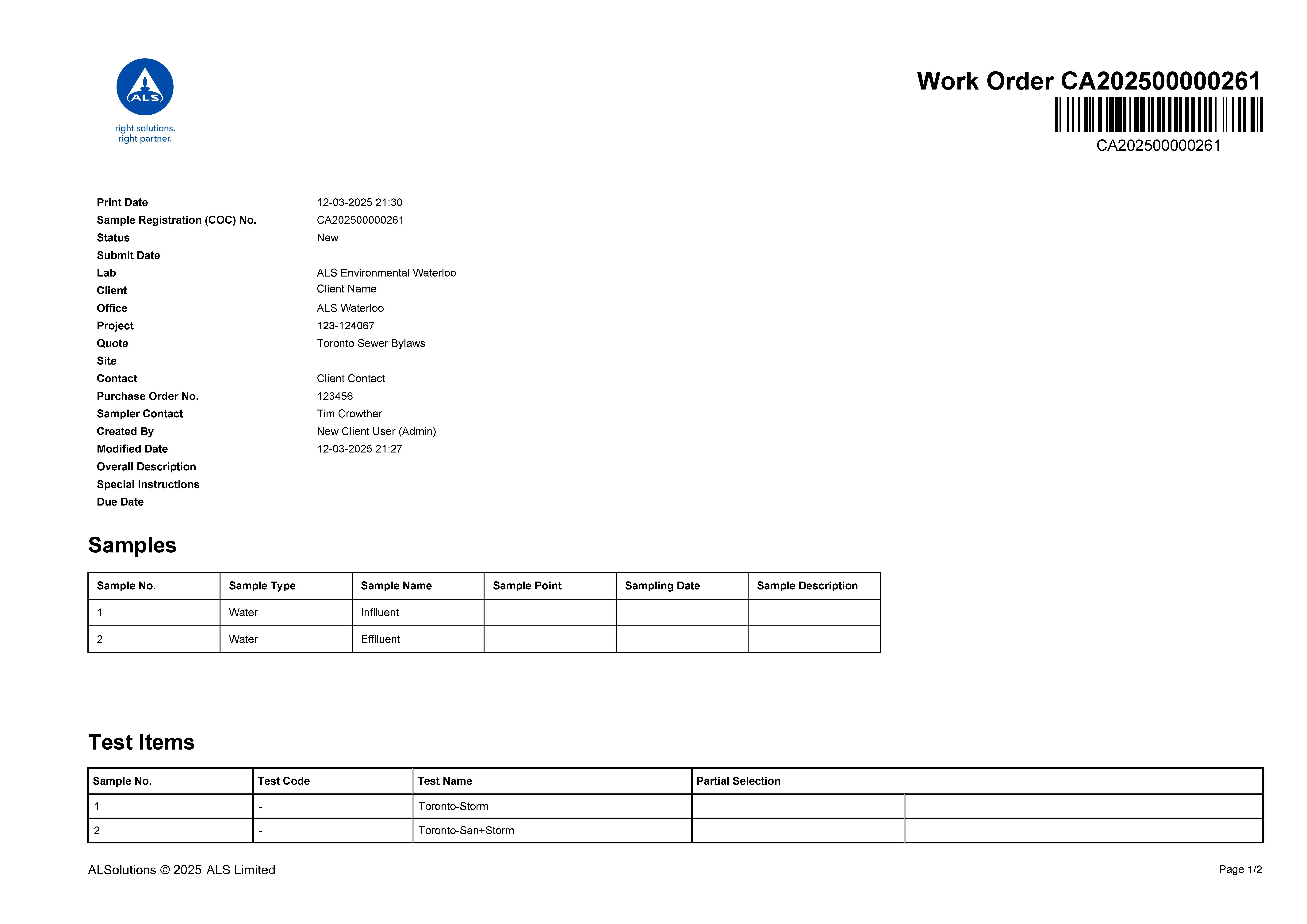 Figure 5. ALS Solutions Printed COC Form 
