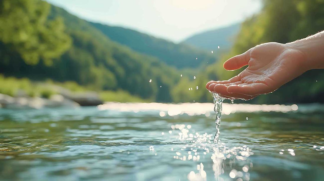 Conexão com a Natureza: Mão Recolhendo Água de Rio Cristalino Mão em close-up pegando água de um rio claro e corrente, com colinas verdes e árvores ao fundo sob um céu claro.