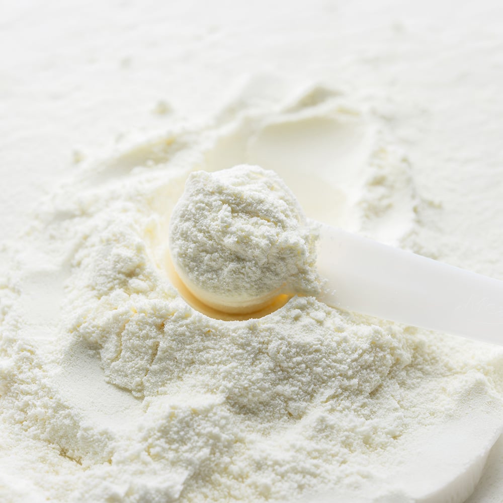 Close-up of powdered milk with measuring scoop on white background