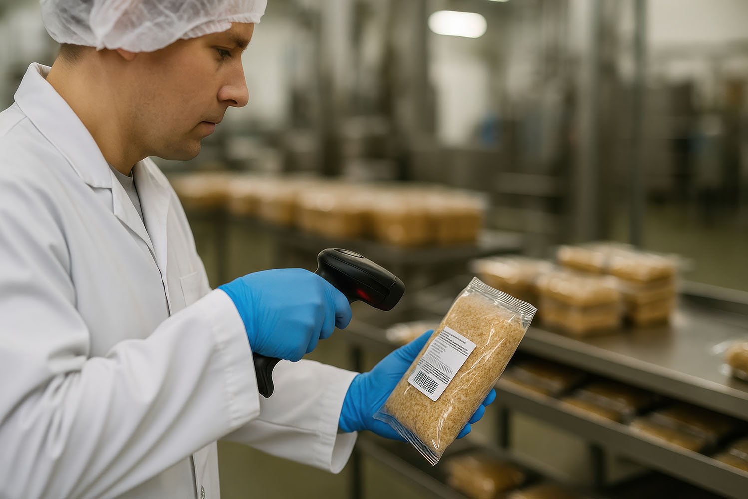Técnico de Controlo de Qualidade em Ambiente Industrial Técnico de controlo de qualidade com bata branca e luvas azuis a digitalizar um produto alimentar embalado com um leitor de código de barras, num ambiente fabril.