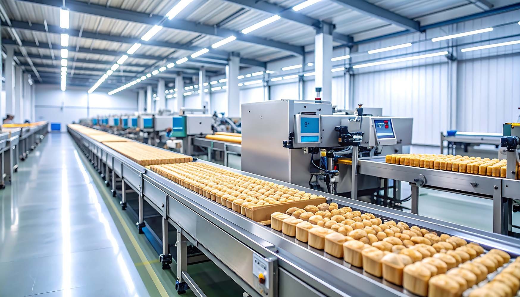 Produção Industrial Automatizada de Pão Linha de produção automatizada numa fábrica de pão, com várias fileiras de pães recém-assados em esteiras transportadoras.