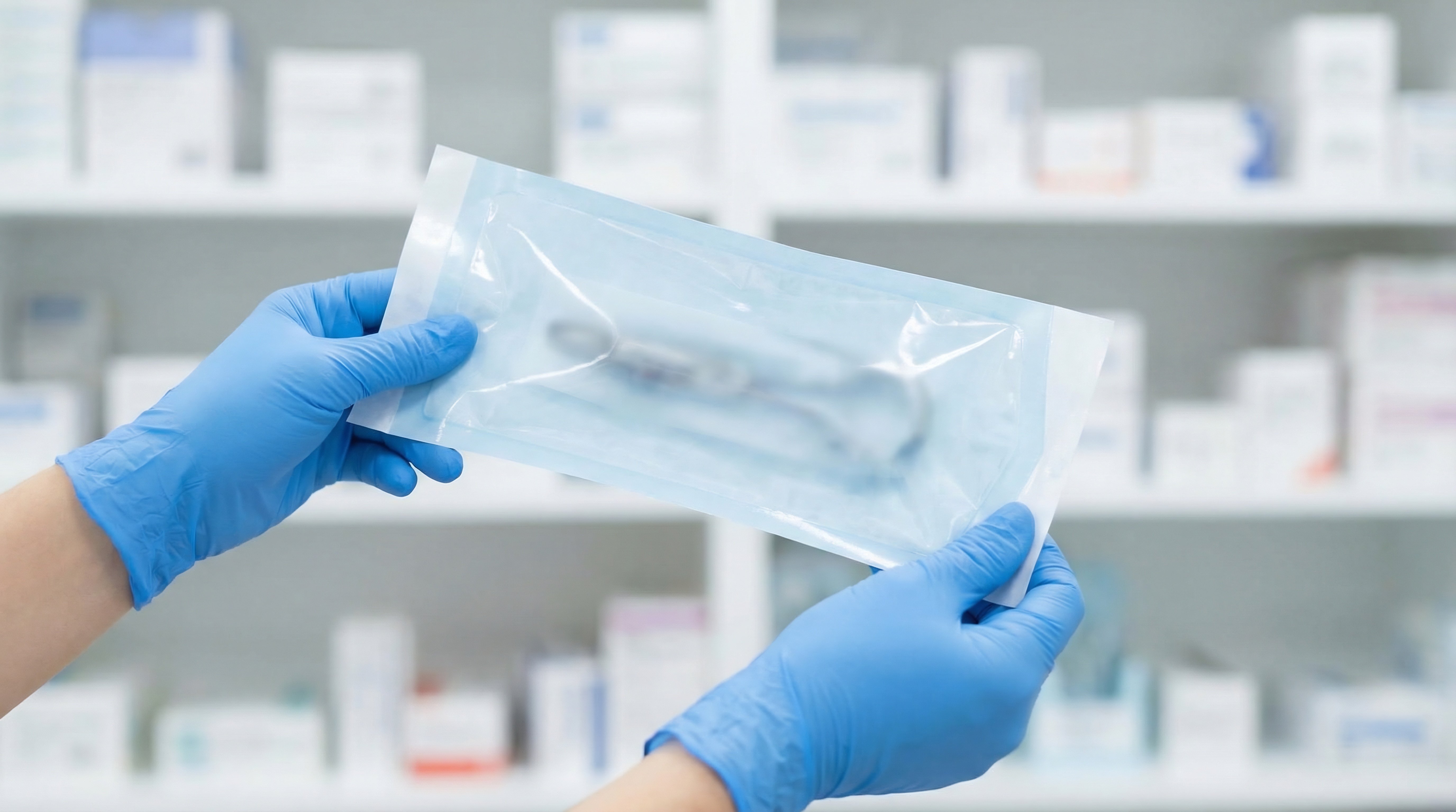 Gloved hands holding a sealed sterile medical device.