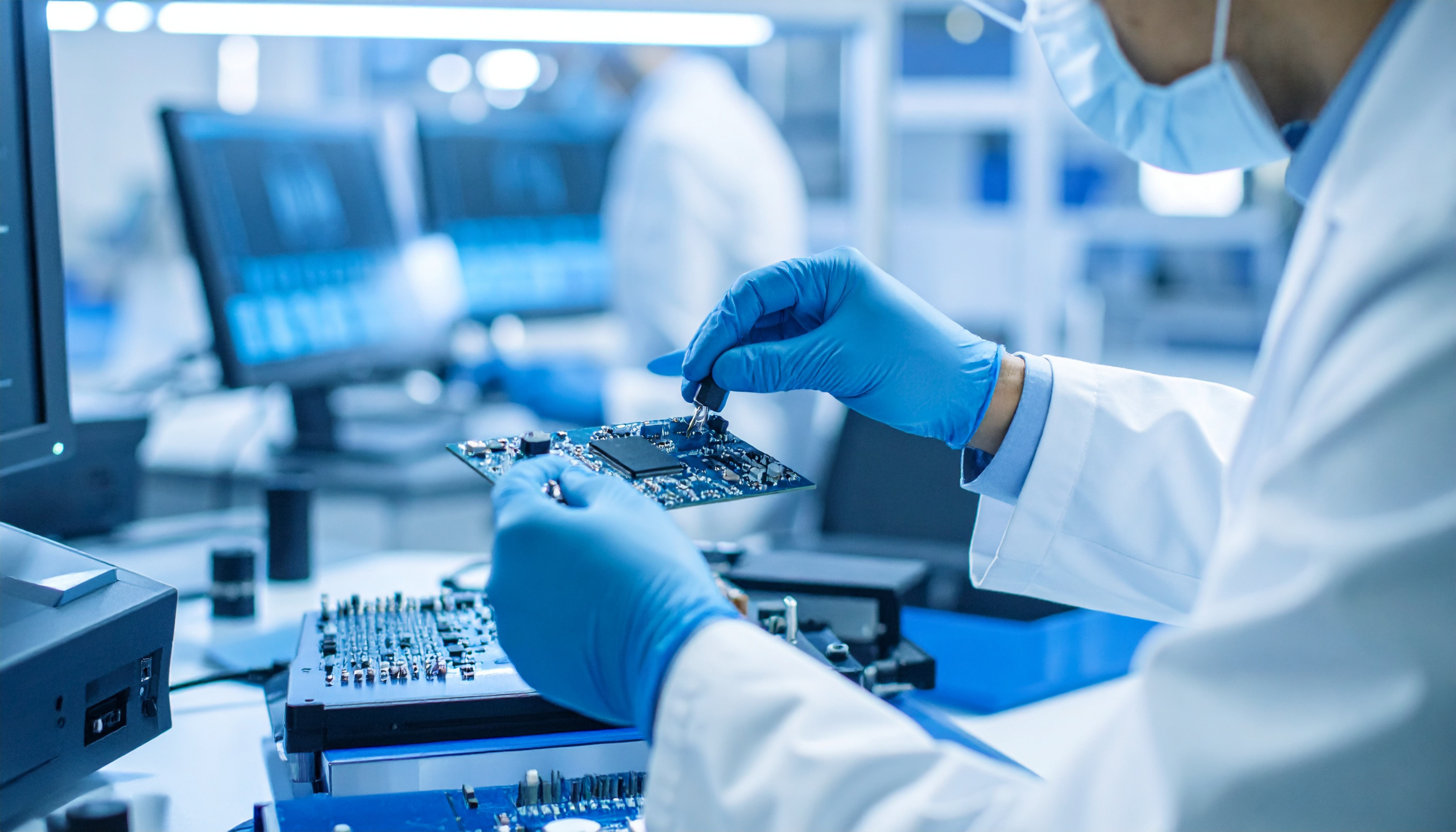 A person wearing laboratory clothing and gloves examines an electronic circuit board at a workstation inside a technology lab equipped with computers and diagnostic equipment.