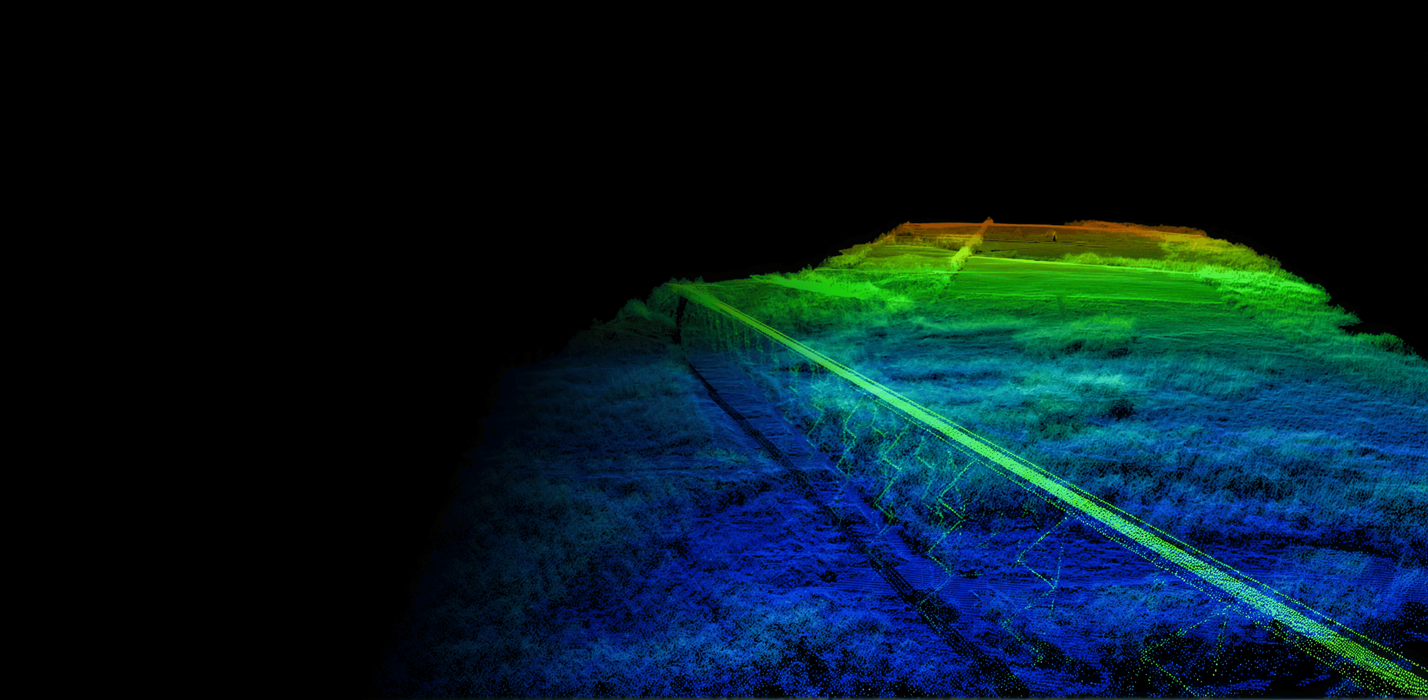 3D LiDAR point-cloud scan of terrain, colored by elevation