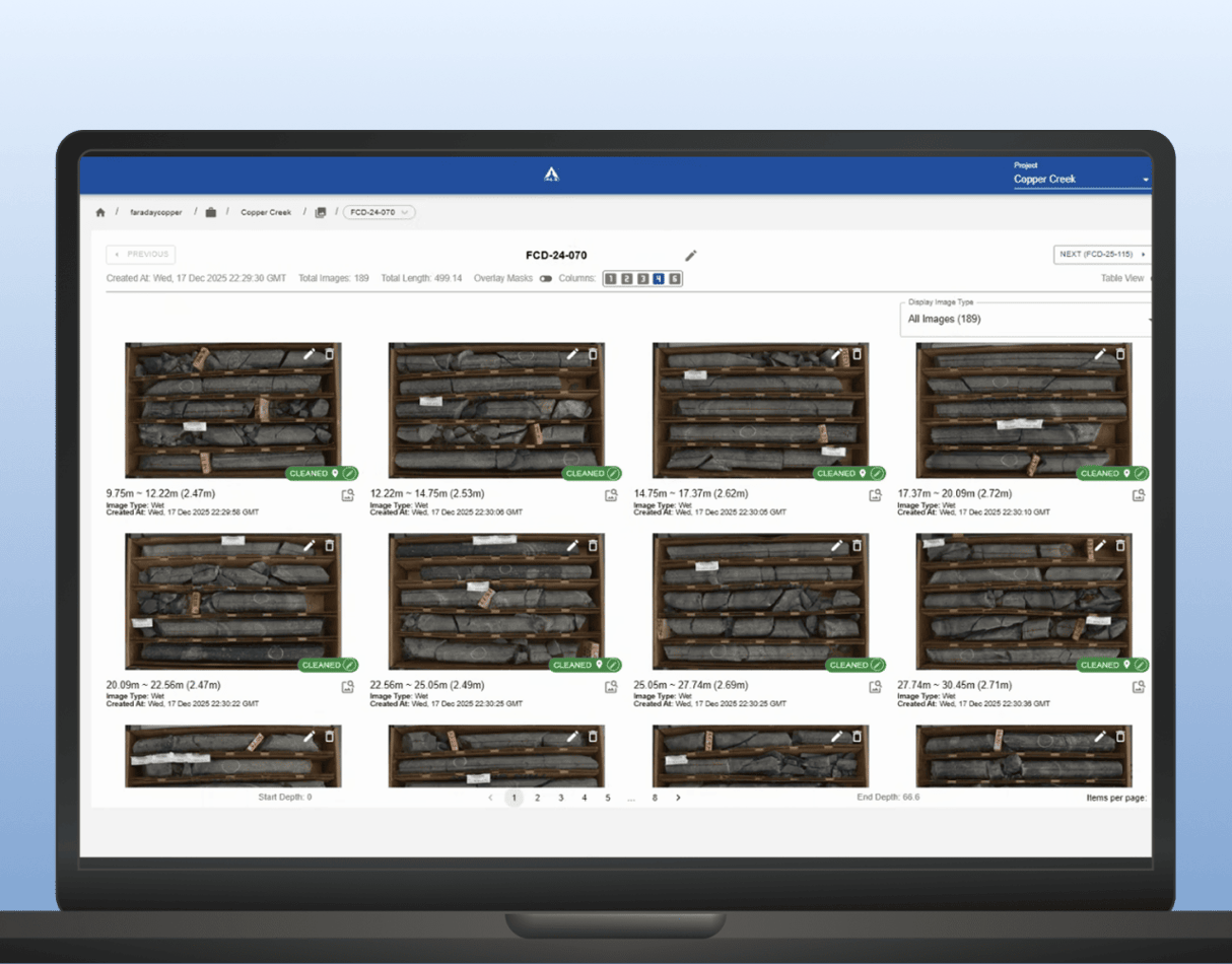Core-logging software showing labeled drill core photos with depth intervals for hole