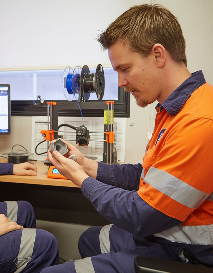 worker holding a 3d printed item with 3d printers in the background
