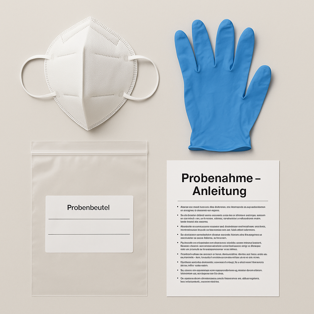 AI generiertes Bild: Asbest-Probenahme-Kit Inhalt: PPF2 Maske, blaue Einmalhandschuhe, Anleitung zur Probenahme, Probentütchen