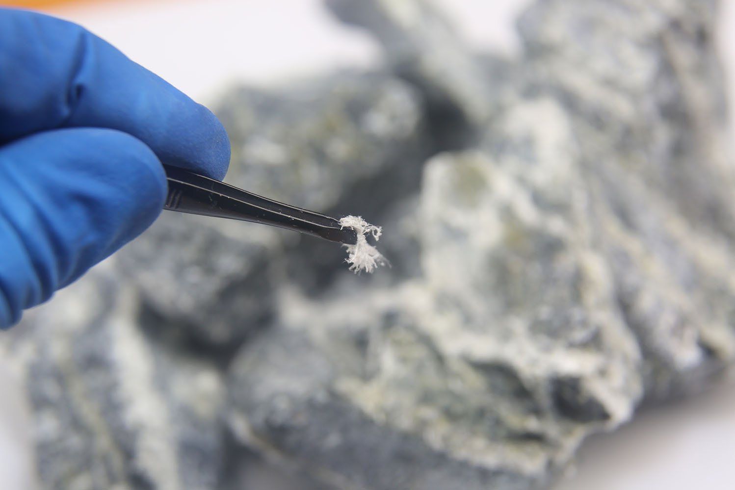 Asbestos Fibers Under Examination Close-up of a gloved hand holding asbestos fibers with tweezers, with raw asbestos rocks in the background.
