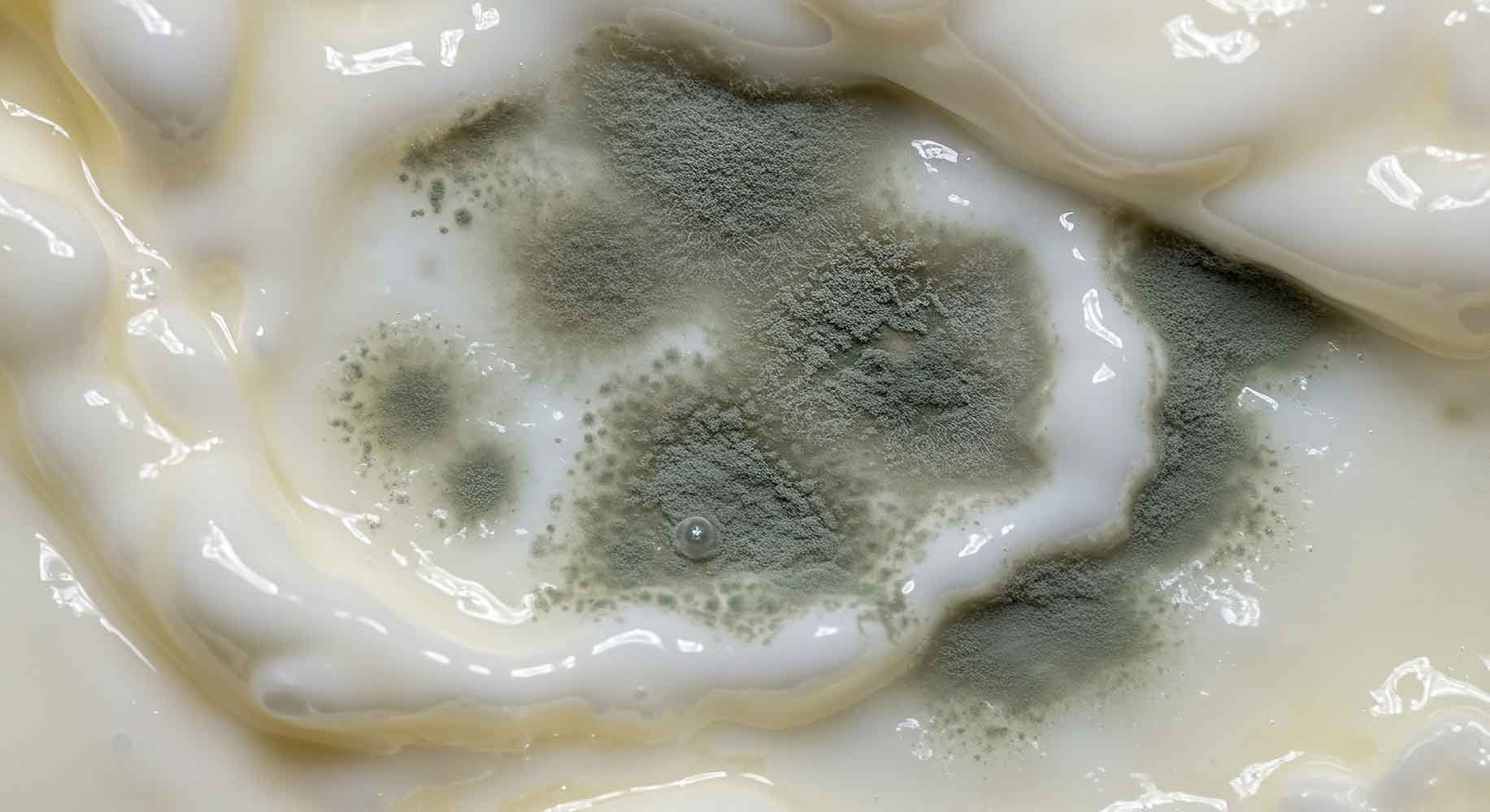 Close-up view of greenish-gray mold growing on a creamy white substance.