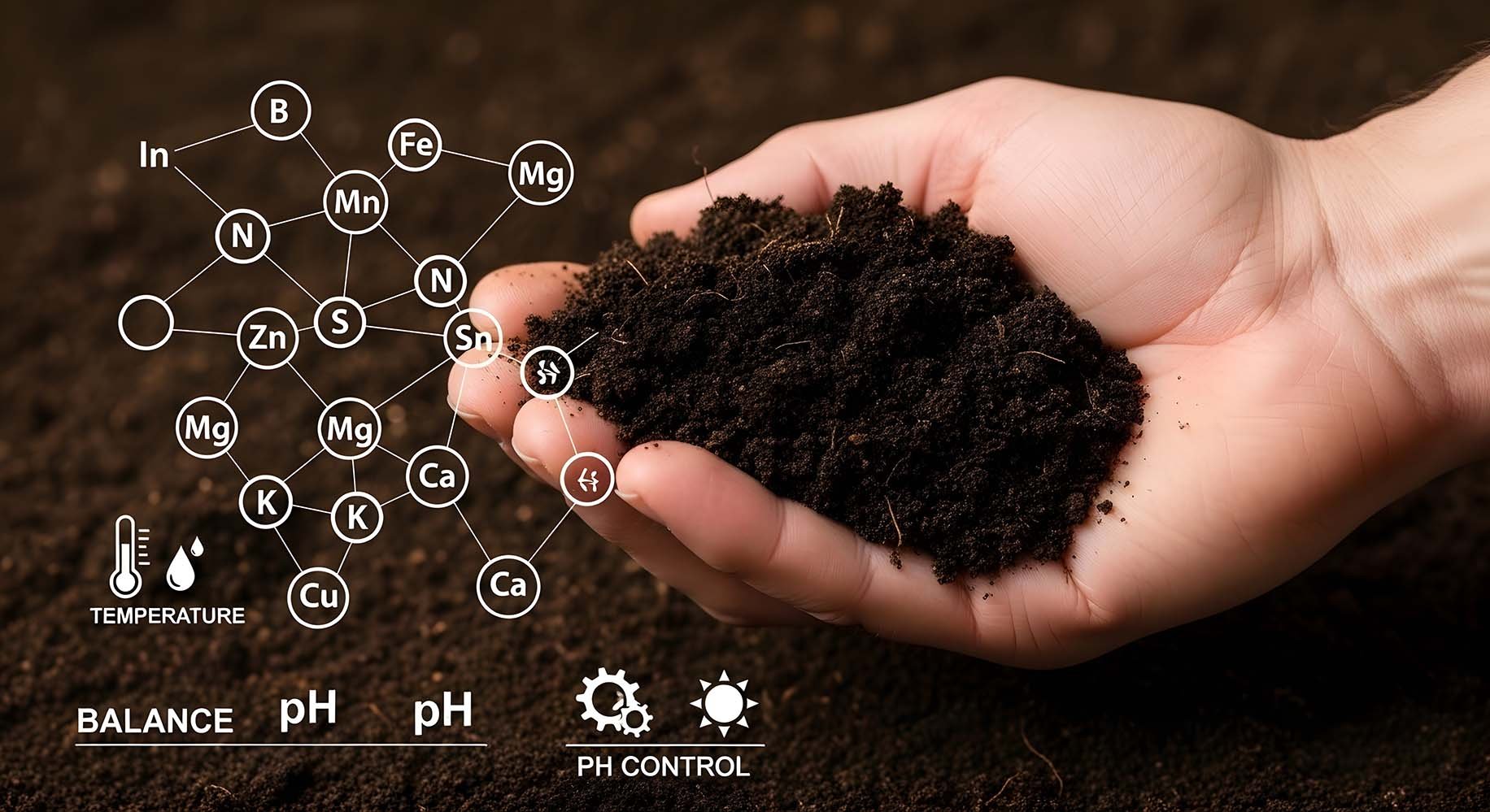 A hand holding a handful of dark soil with an overlay of chemical element symbols (e.g., Mg, Zn, Fe, Ca) and icons representing pH control, temperature, and balance.