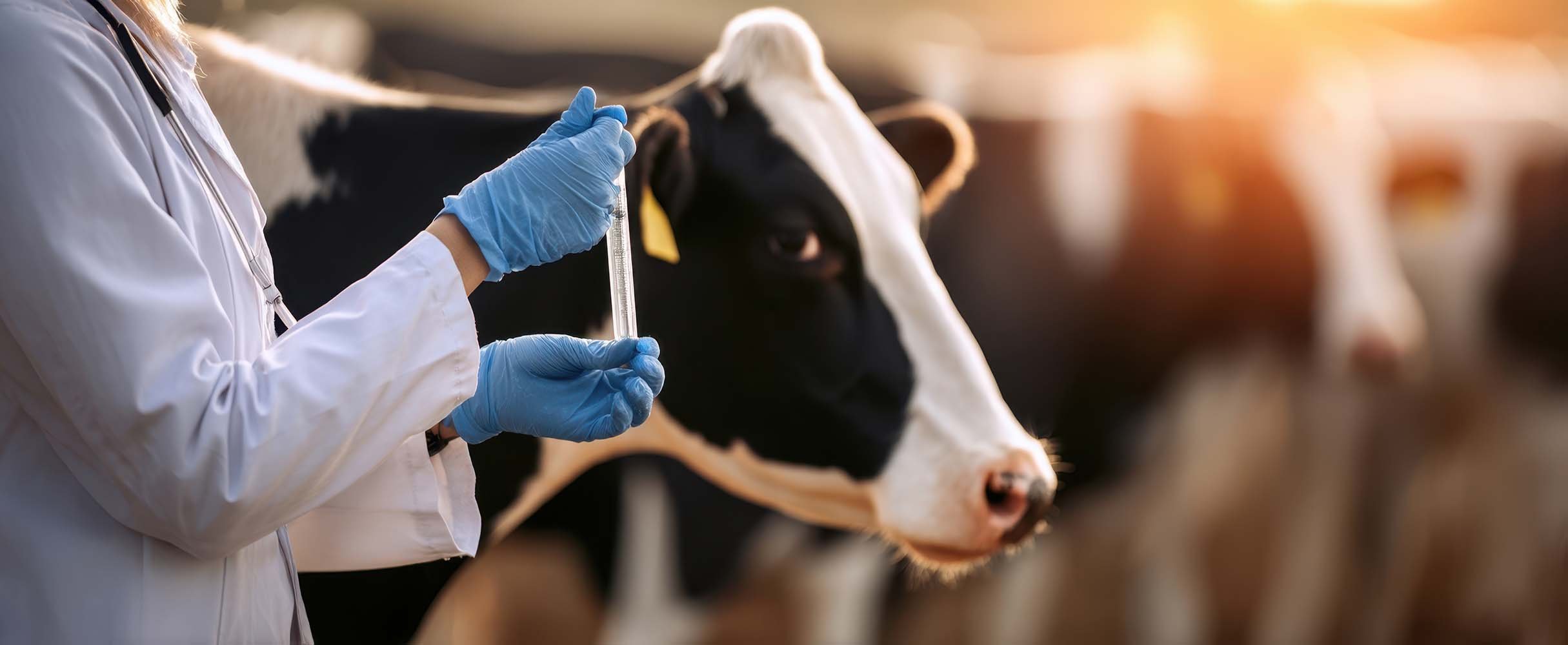 Person in lab coat and blue gloves holding a test tube near a cow in an outdoor agricultural setting.