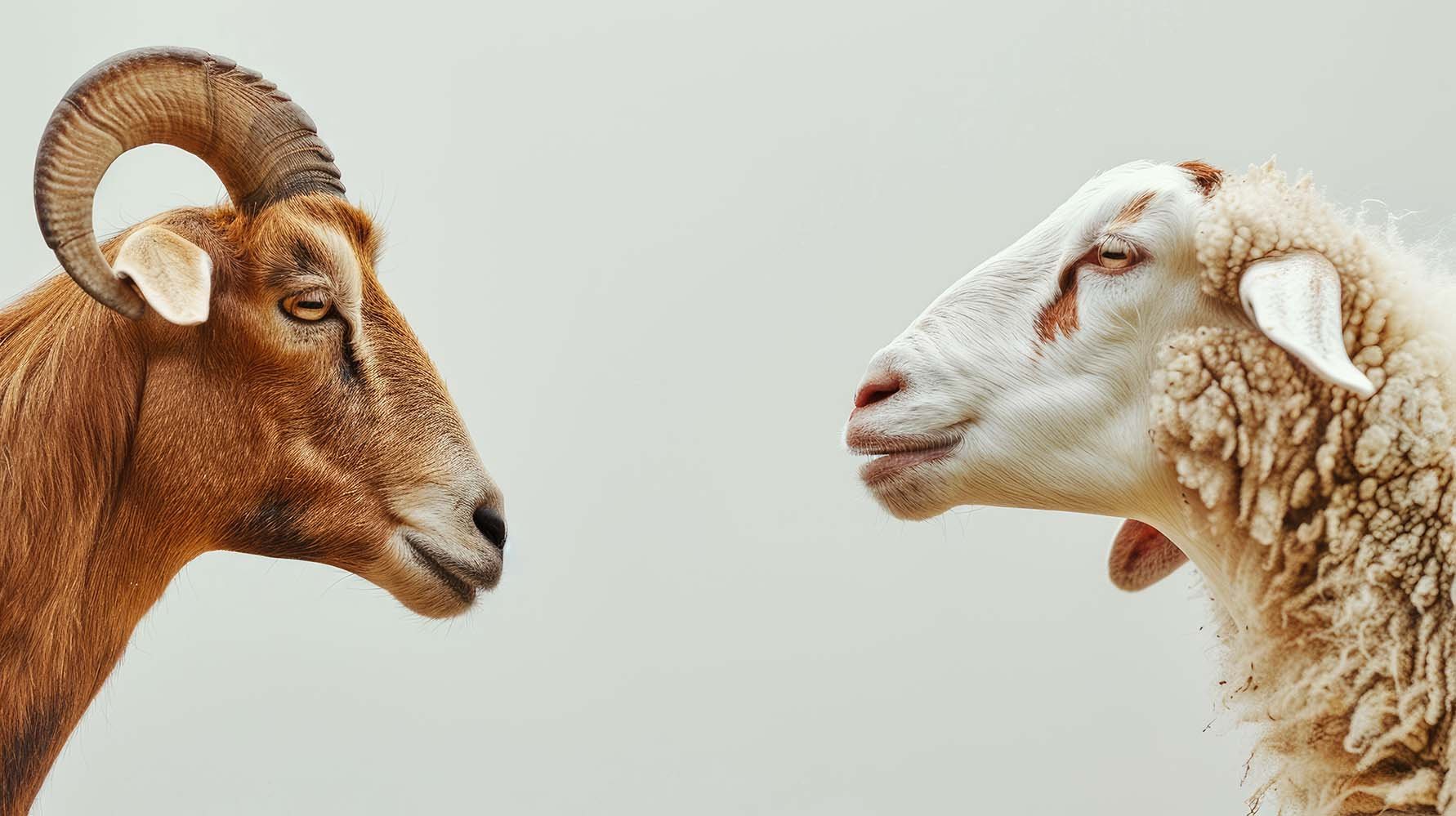Side profile of a brown goat and a white sheep with brown patches facing each other.