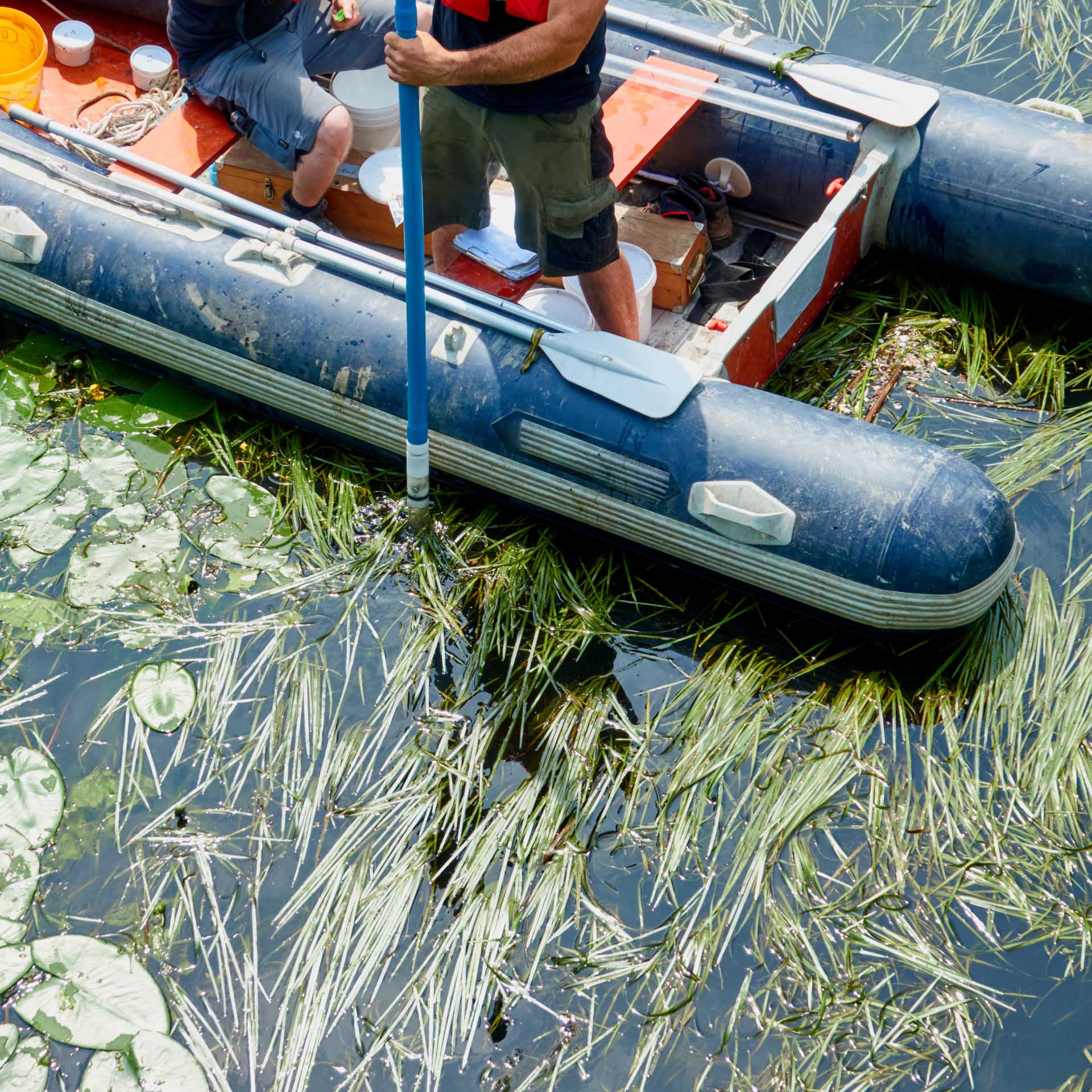 A blue inflatable boat with two people in it is docked on a water-filled area with a leafy bottom.