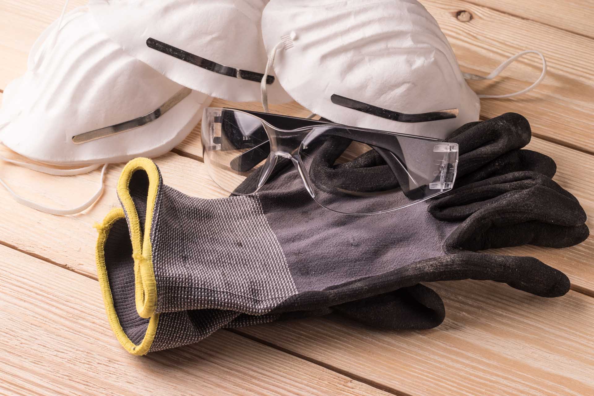 A pair of safety glasses, a pair of work gloves, and two white face masks are laid out on a wooden surface.