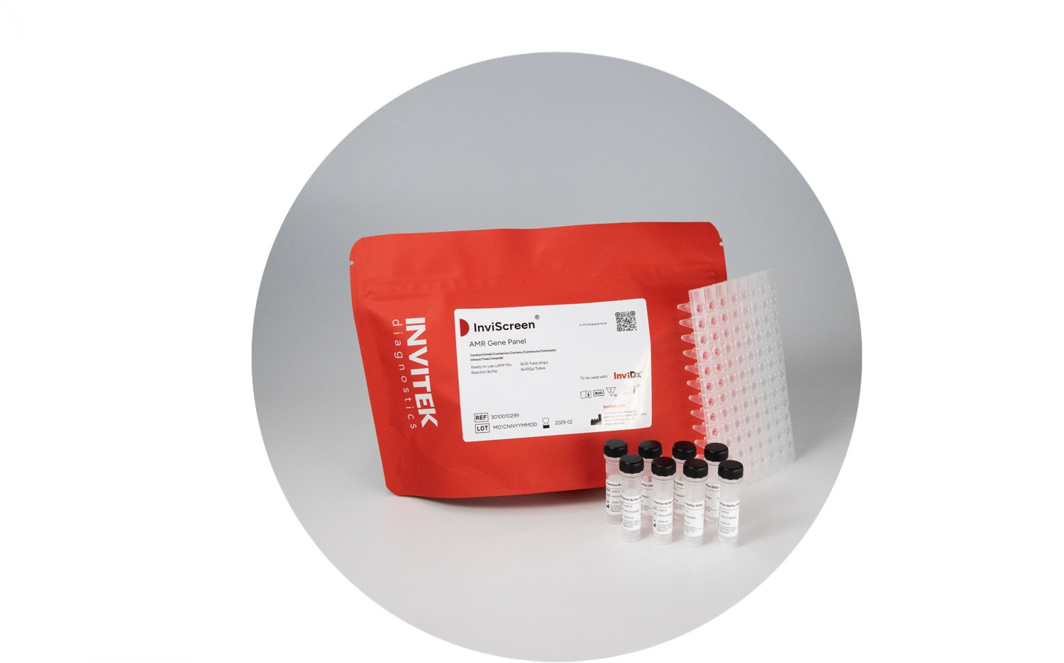 InviScreen® AMR Gene Panel kit with reagent tubes and reaction plate for molecular detection of antimicrobial resistance genes.