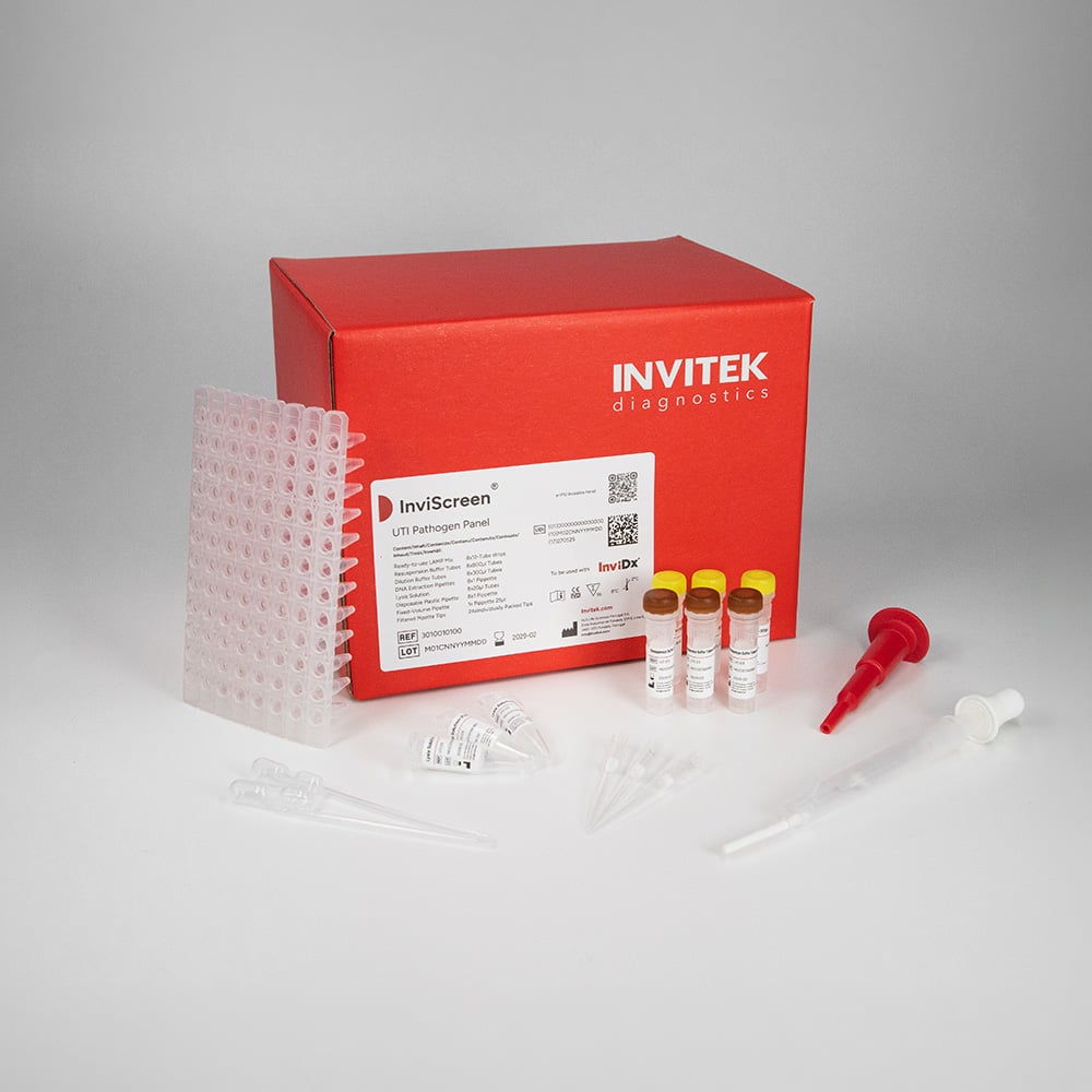 InviScreen® UTI Pathogen Panel diagnostic kit with reagents, microplate and laboratory consumables.