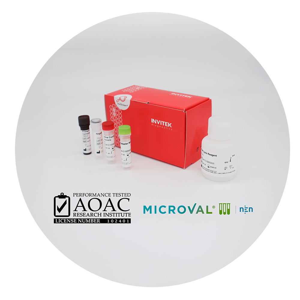 Box of Real Time PCR Reagents for Salmonella Detection with a AOAC Performance Tested Methods Certificate of Methods Seal and MicroVal NEN method validation seal all them stamped in the red box