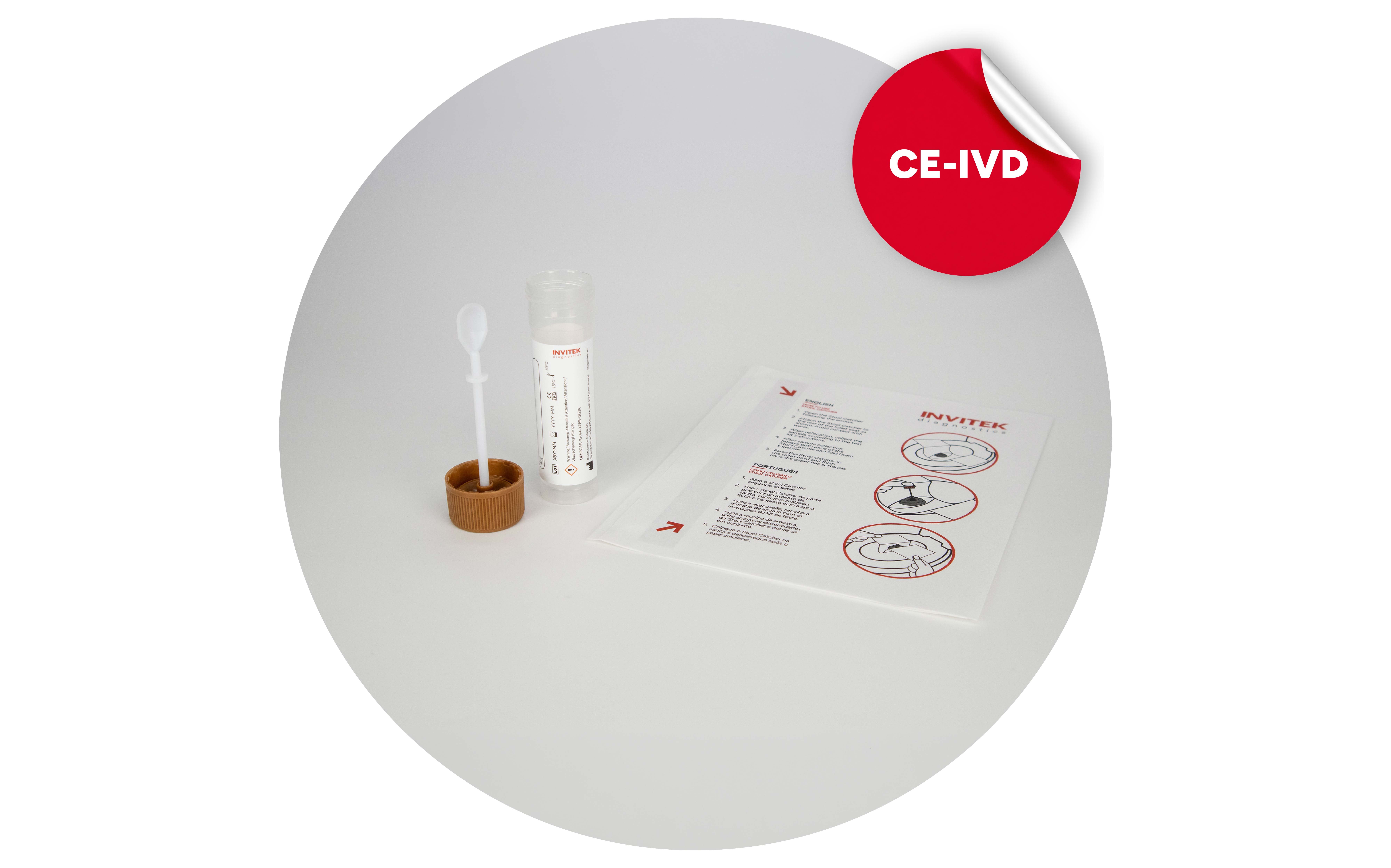 CE-IVD stool sample collection kit with collection tube, sampling spoon, and instruction sheet.