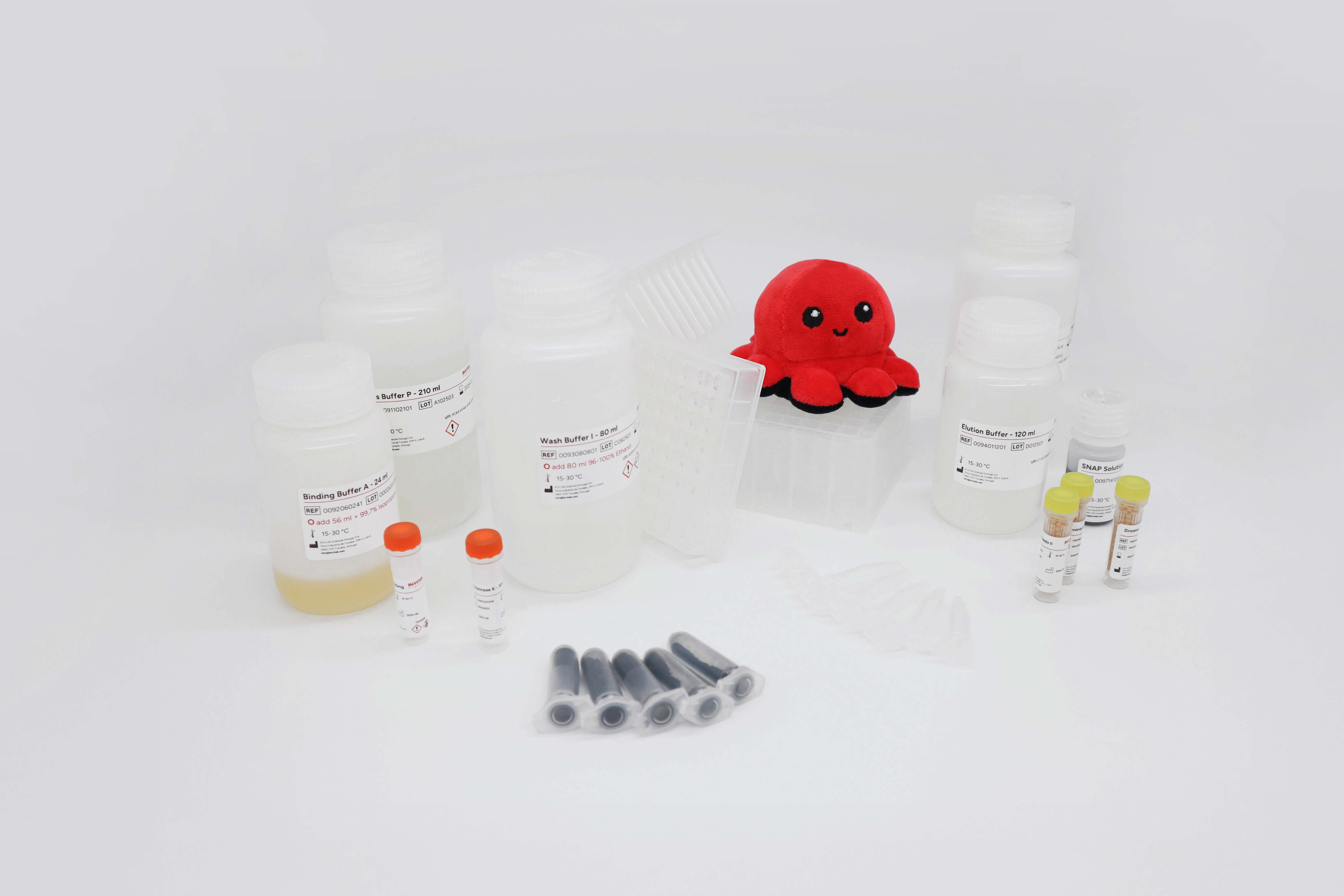 InviMag Stool KF96 kit: plush red octopus mascot “Invi” perched on a clear 96-well plate, surrounded by white wash-buffer bottles, clear spin columns, yellow- and orange-capped bead tubes, and grey magnetic rods on a white background.