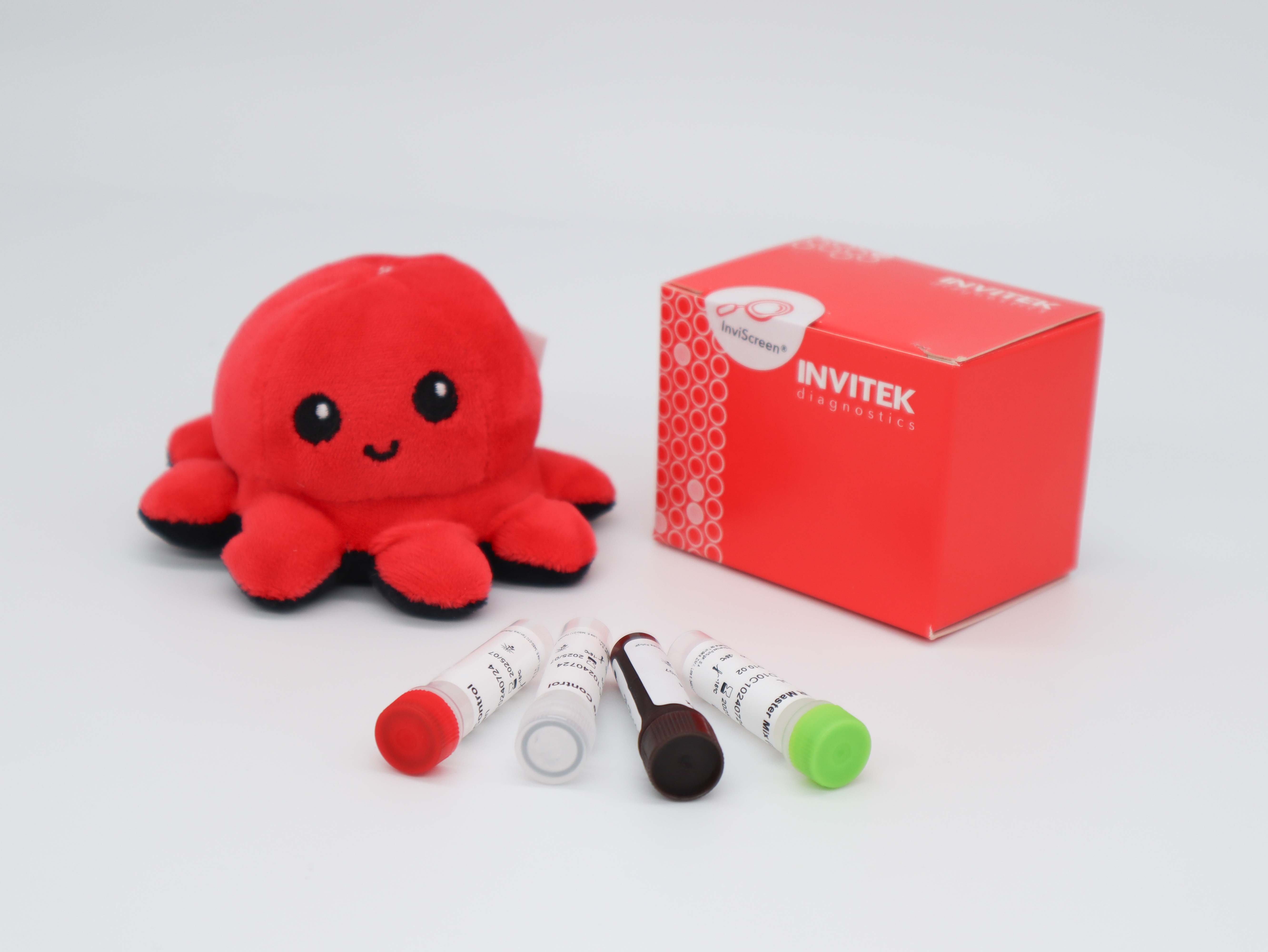InviScreen STEC serotyping kit: similar scene—Invi mascot, red diagnostics box, and five reagent vials (red, grey, brown, green caps) across the foreground.