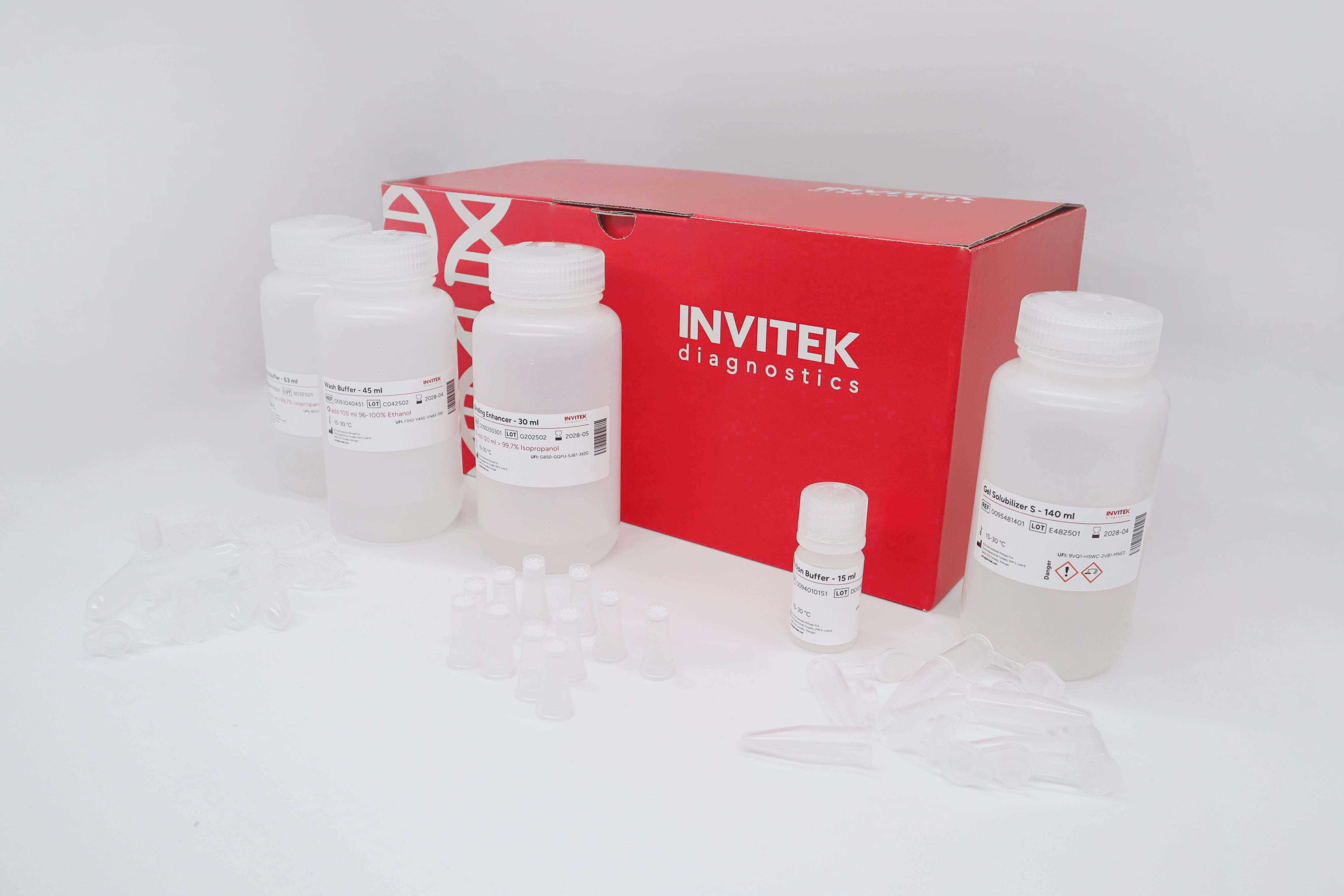 Red Invitek Diagnostics InviSorb Fragment CleanUp box behind reagent bottles with spin filters, and tubes laying scattered in front.