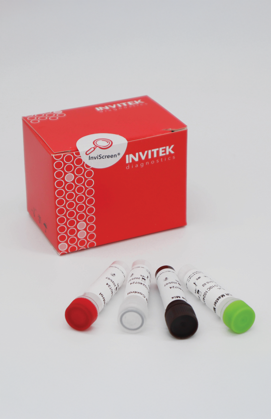 Red Invitek Diagnostics InviScreen Food Allergen DNA Detection Kit box with color-coded PCR component vials laying in front.