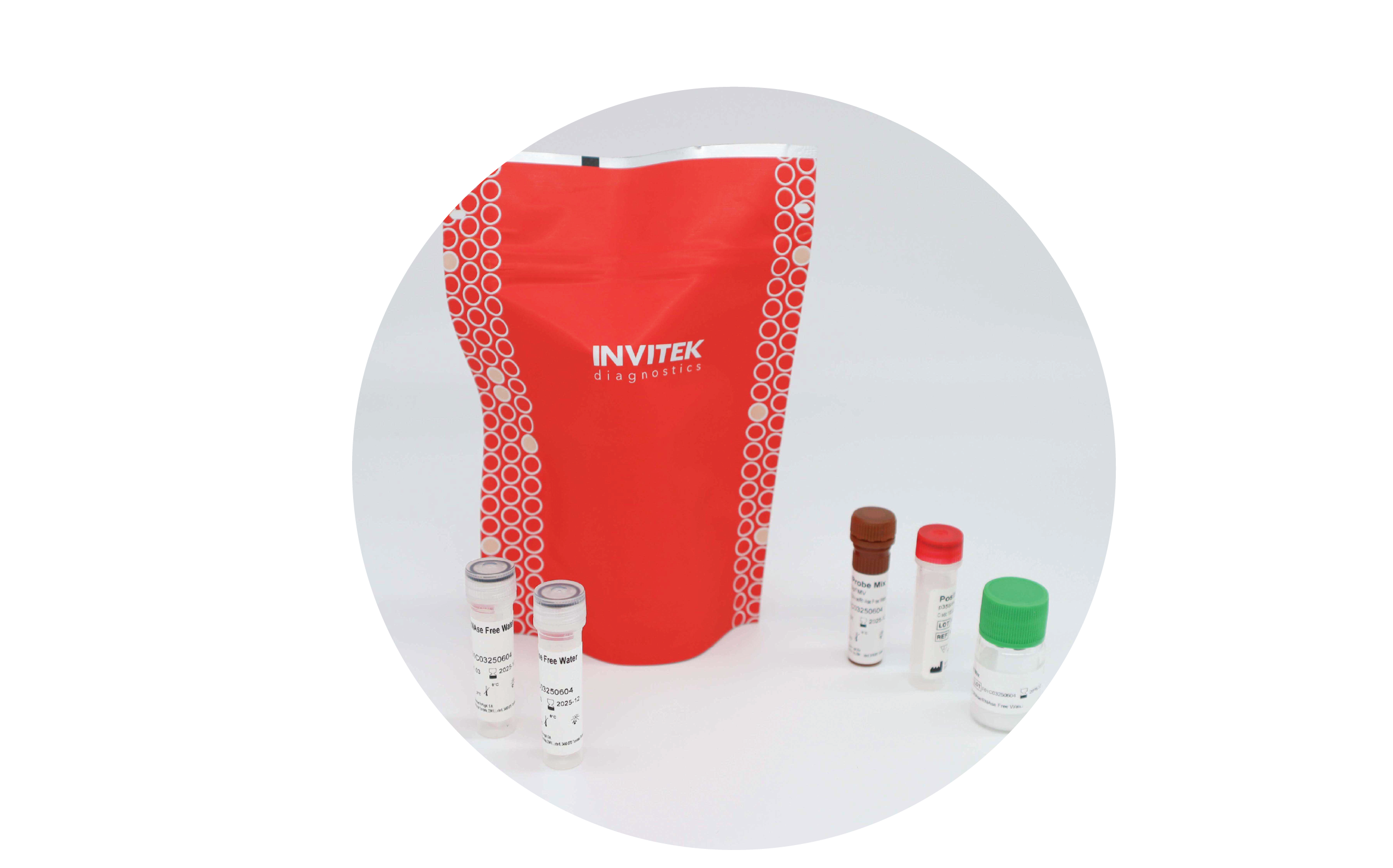 Red INVITEK GMO kit pouch with white circle pattern, with five reagent vials (grey, brown, red, and green caps) on white surface